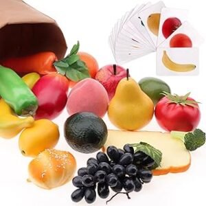 Gresorth 32pcs Play Food with Matching Card Toy Food Set Artificial Fruit Vegetable Realistic Bread Decoration for Toddlers Kitchen Preschool Learning