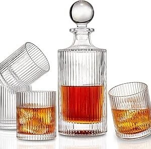 5PC Irish Crafted Whiskey Decanter Set, Crystal Decanter Set With 4 Whiskey Glasses, Premiun Whiskey Decanter & Glasses Set for men.