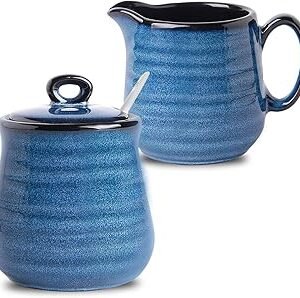 Ceramic Sugar and Creamer Set, 11 oz Sugar Bowl with lid and 10 oz Creamer Pitcher, Farmhouse Milk Pitcher and Sugar Dispenser for Coffee Bar, Dishwasher Safe, Blue