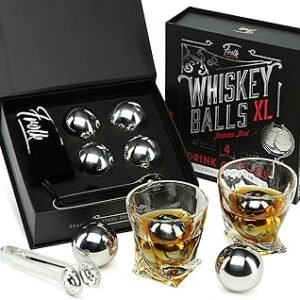 Gifts for Him - Men Dad Husband - 4 XL Stainless Steel Whisky Ice Balls, Special Tongs & Freezer Pouch in Luxury Gift Box for Whiskey Lovers!