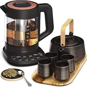 Vianté Luxury Tea Set. Electric Kettle with Tea Infuser for Loose Leaf Tea And Ceramic Serving Set. Tea Pot And Cups Set With Wooden Tray. Excellent Gift Idea For Tea Lovers.