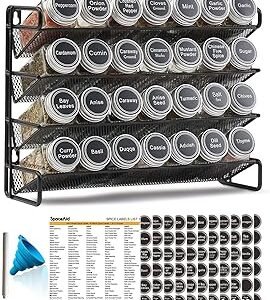 SpaceAid Spice Rack Organizer with 28 Spice Jars, 386 Spice Labels, Chalk Marker and Funnel Set for Cabinet, Countertop, Pantry, Cupboard or Door & Wall Mount - 28 Jars, 13.4" W × 10.8" H, Black