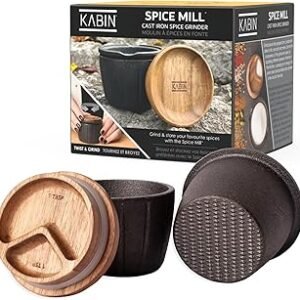 KABIN Spice Mill - Spice Grinder Manual Pepper Mill - Durable Cast Iron Mortar and Pestle Set Herb Crusher - Hand Grind, Measure & Store Your Spices and Herbs- Molcajete Bowl