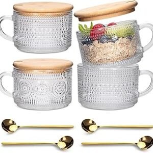Vintage Coffee Mugs 4pcs Set, Clear Embossed Tea Cups with Bamboo Lids and Spoons, 14 Oz Glass Coffee Cups, Cute Coffee Bar Accessories, Iced Coffee Glasses, Ideal for Cappuccino, Latte (Transparent)