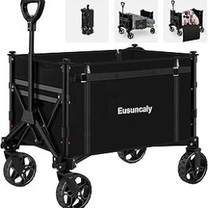 Collapsible Wagon with Wheels, Wagons Carts Foldable, Heavy Duty Folding Utility Cart for Grocery, Camping, Shopping, Sports, Garden, Fishing, Black