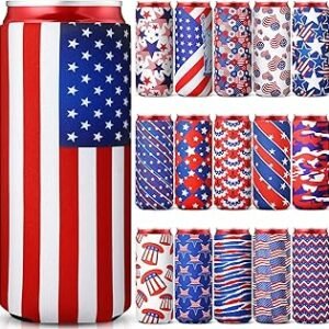 16 Pieces 4th of July Beer Can Sleeves Patriotic America Slim Beer Drink Can Sleeves Independence Day Cooling Insulated Beer Cup Sleeves Collapsible Beer Drink Cooler Covers for 12 oz Cans