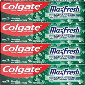 Max Fresh Whitening Toothpaste with Mini Strips, Clean Mint Toothpaste for Bad Breath, Helps Fight Cavities, Whitens Teeth, and Freshens Breath, 6.3 Ounce (Pack of 4)