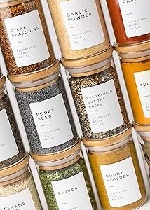 Empty Spice Jars with Label Pack (12x Bamboo Lid Glass Jar). Small 6oz Spice Storage Bottles with 112 Printed Stickers and 48 Writable Pantry Labels for Seasoning Containers