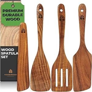 Wooden Spatula for Cooking, Teak Spatulas for Kitchen Use - Wooden Cooking Utensils Set of 4 including Paddle, Turner, Slotted Spurtle and Wood Scraper. Nonstick cookware.