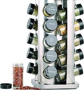 Orii 20 Jar Spice Rack with Spices Included - Revolving Tower Organizer for Kitchen Spices and Seasonings, (Stainless Steel)