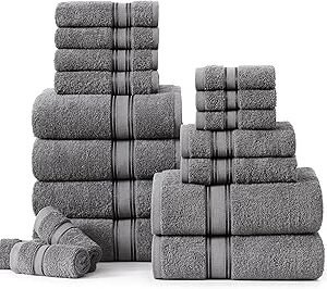 Lane Linen 100% Cotton Luxury Towel Set for Bathroom - 18 Pieces, Zero Twist - Super Plush, Very Soft & Absorbent - 6 Bath Towels, 6 Washcloths, 6 Hand Towels - Suitable for All Skin Types - Cool Grey